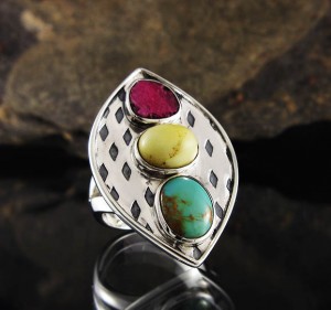 Turquoise & Amber & Ruby Ring