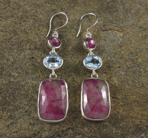 Sapphire & Blue Topaz &  Ruby in Quartz Earrings