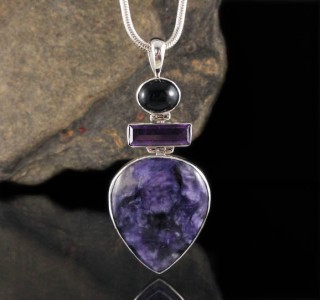 Black Onyx & Amethyst & Charoite Pendant Lge